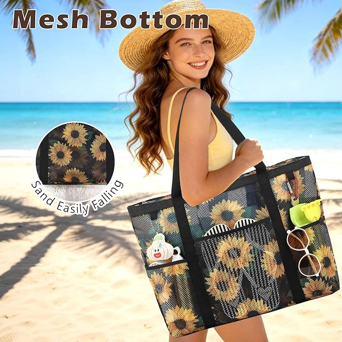 Fammart Mesh Beach Bag with Zipper, Large Beach Tote for Women, Toys Pool Swim Bag Travel Vacation Cruise Essentials