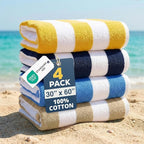 LANE LINEN Beach Towels 4 Pack - 520 GSM 100% Cotton Pool Towel for Adults – (30" x 60") Beach Towels Oversized, Thick & Highly Absorbent - Super Soft, Comfy & Quick Dry Cabana Stripe Large Towel