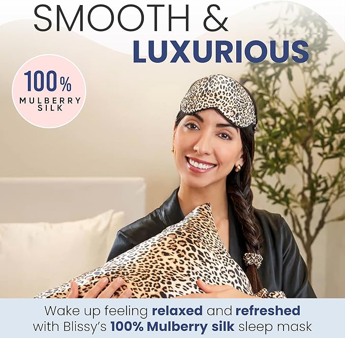 Blissy Silk Sleep Mask - Eye Sleeping Mask for Women & Men for Total Blackout - 100% Pure Mulberry Silk, 22 Momme 6a Fibers - Blindfold Sleep Mask Side Sleeper Eye Cover (Leopard)