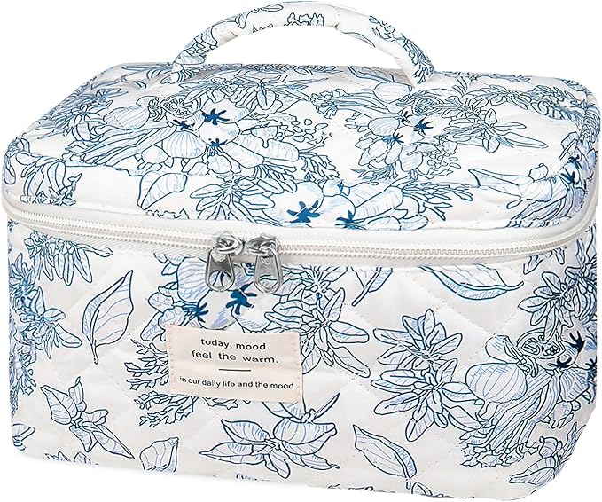 Gosect Large Makeup Bag, Cute Cosmetic Bag for Women Girls, Floral Coquette Aesthetic Toiletry Bag, Travel Make Up Organizer Bag (Navy Blue)