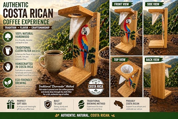 Tapanti store.Chorreador,Costa Rican handcrafted foldable wooden pour-over coffee maker.Includes a reusable cloth filter.Hand painted Macaw wooden design.Light Cedar.Perfect for travel (Red)