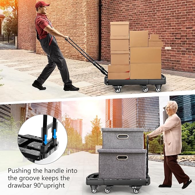 Folding Hand Truck with 6 Wheels and Elastic Ropes - Portable Heavy Duty Dolly Cart for Travel and Moving