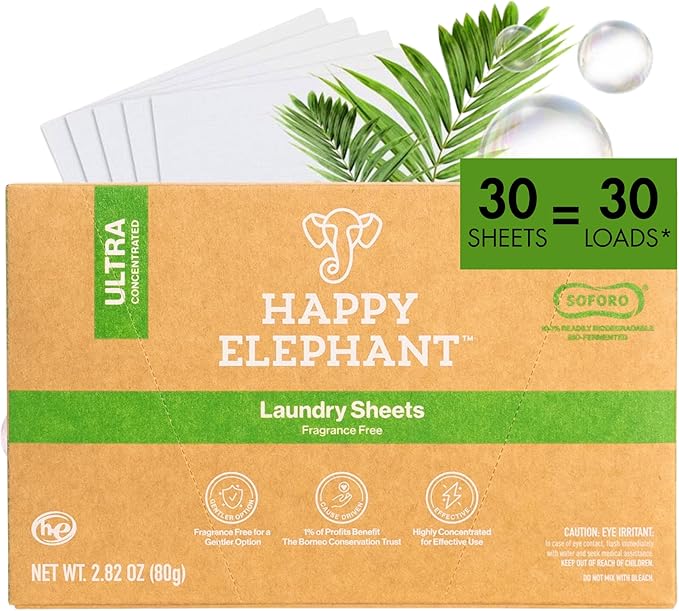 Happy Elephant Laundry Detergent Sheets, Fragrance Free, Natural Biodegradable Laundry Sheets, Travel Ready, Tough on Stains, Gentle on Skin, Compatible with HE & Any Washing Machine, 30 Sheet, 1 Pack