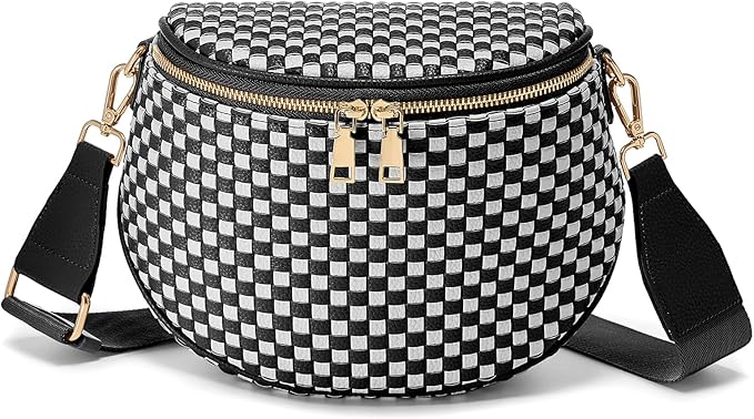 Trendy Woven Checkered Crossbody Bum Bag for Women，PU Leather Checkered Purse Fanny Packs Belt Bag (Woven Bum Bag - Black)
