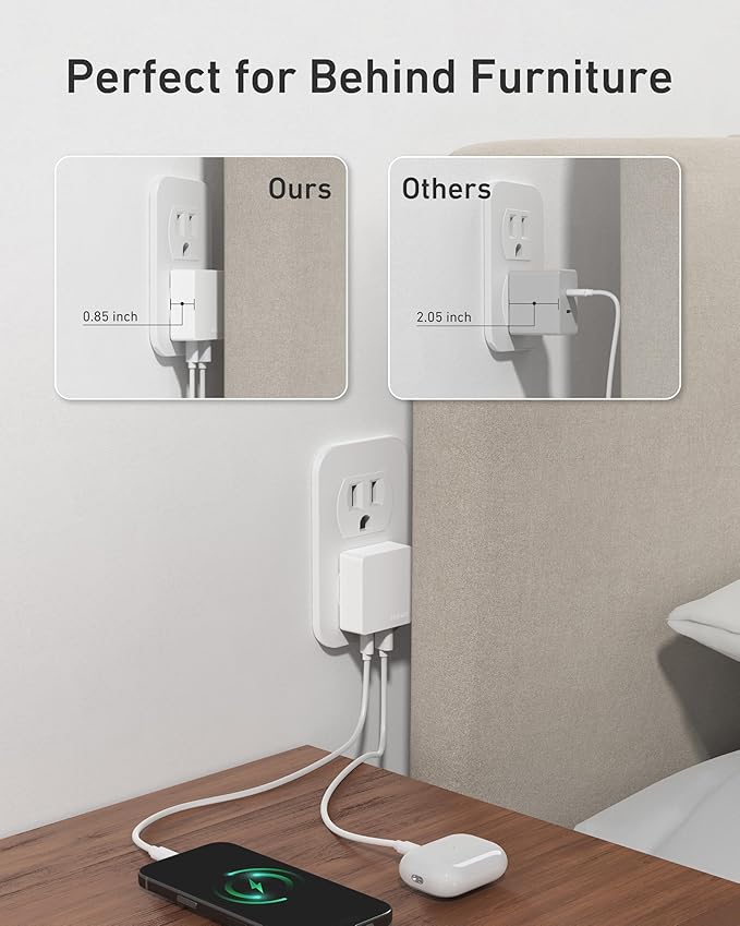 Nekmit Flat USB C Wall Charger, 45W Dual Port PPS Fast USB Charger Block(1*USB-C & 1*USB-A), Slim USB C Wall Plug for iPhone 17/16 and More Series, MacBook Air, iPad