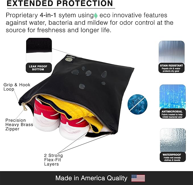 Ornadi Wet Gym Clothes Bag Waterproof Antimicrobial Sack Inhibits Bacteria & Odor from Dirty Laundry, Swimsuits, Sweaty Shoes for Smell Proof Travel 14 X 17.5 Made in USA