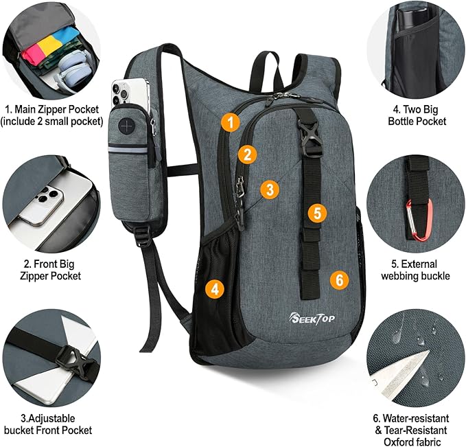 Seektop 15L Small Hiking Backpack for Women Men, Lightweight Hiking Packable Daypack with Phone Pocket for Travel Camping (Grey, 15L)
