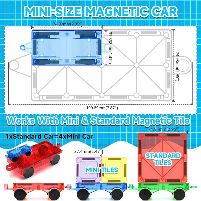 Mini Magnetic Tiles Cars Construction Set - 8 PCS Magnetic Car Base Compatiable with Mini & Standard Tiles, Magnet Building Blocks Expansion Set, Magnet Bricks Truck Toy for Boys & Girls