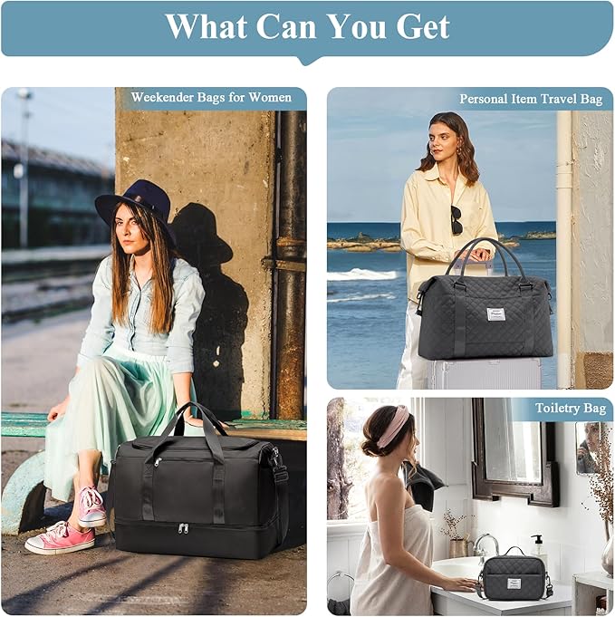 Large Travel Duffle Bag,Carry on Overnight Bag with Shoes Compartment,Weekender Bags for Women for Travel Business Trips Sport Hospital,3 Pcs Set,Black