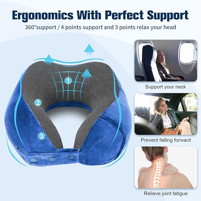 Cirorld Neck Pillow for Traveling, Travel Pillows for Airplanes,100% Pure Memory Foam Travel Neck Pillow, Adjustable Flight Pillow, Portable Plane Accessories with Eye Mask, Earplugs, Carry Bag