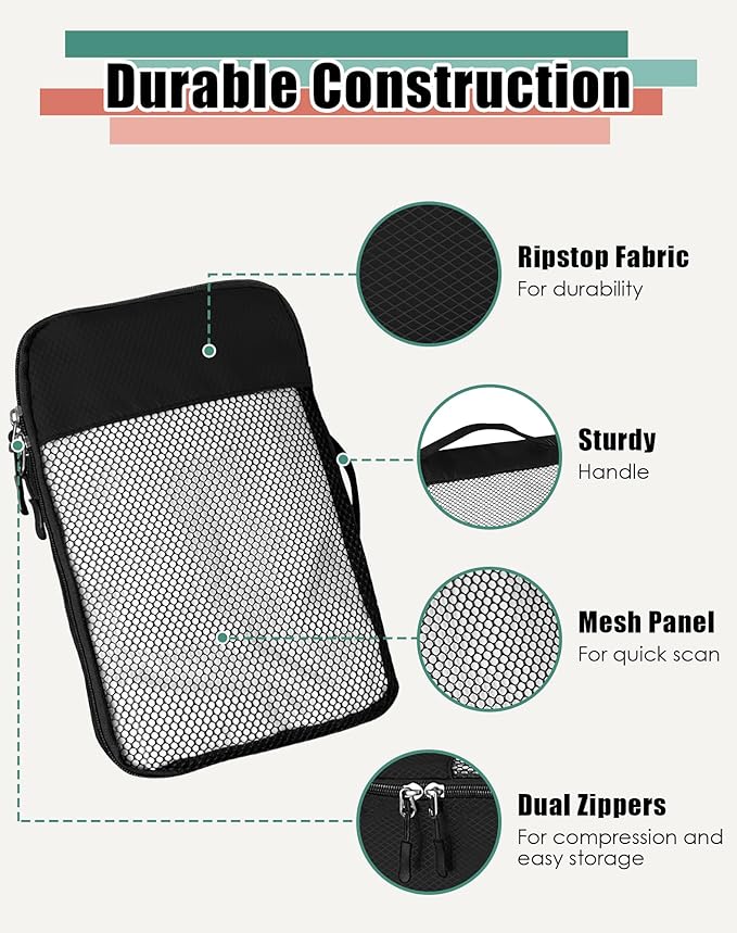 WTREE 4-Piece Packing Cubes Travel Accessories Set for Suitcases - Luggage Organizer Bags with Double Zipper - Mesh Top - Small/Medium/Large/Slim - Black