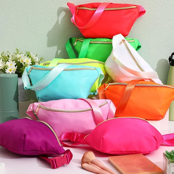 Amylove 9 Pieces Fanny Packs Nylon Waist Bag Zipper Travel Running Bag with Adjustable Strap for Women Men(Nylon,Neon Colors)