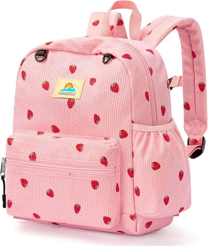STEAMEDBUN Corduroy Toddler Backpack for Girls 2-4: Kids backpack for Boys Girls - 12 inch Preschool Kindergarten Backpacks - Strawberry