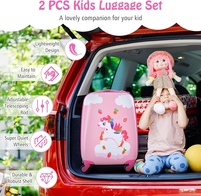Goplus 2PC Kids Luggage, 12" & 16" Kids Carry On Luggage Set with 4 Spinner Wheels, Lightweight Rolling Spinner Suitcase for Children Toddlers Boys and Girls Travel