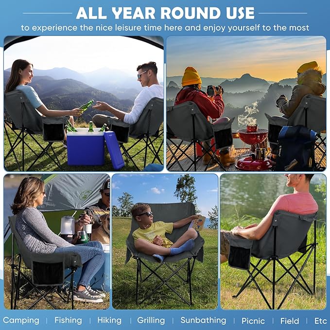 HaSteeL Camping Chair for Adults, Compact Folding Portable Chairs Set with Side Pockets for Outdoors Fishing, Hiking, Backpacking, Picnic, Beach, Travel, Supports to 250lbs, & Storage Bags (Grey)