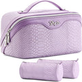 BOYATU Travel Makeup Bags for Women: 3 Pcs Set Wide Open Cosmetic Bag - Portable Make up Bags with Handle - Vegan Leather Toiletry Organizer Bag with Divider (G-01-Purple)
