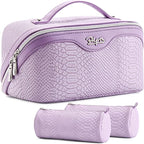 BOYATU Travel Makeup Bags for Women: 3 Pcs Set Wide Open Cosmetic Bag - Portable Make up Bags with Handle - Vegan Leather Toiletry Organizer Bag with Divider (G-01-Purple)