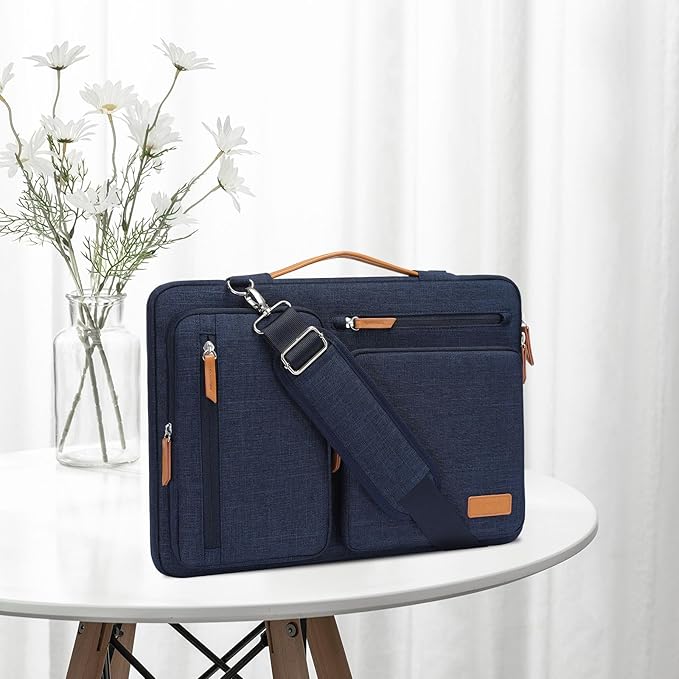 MOSISO 360 Protective Laptop Shoulder Bag,13-13.3 inch Computer Bag Compatible with MacBook Pro 14, HP, Dell, Lenovo, Asus Notebook,Side Open Messenger Bag with 4 Zipper Pockets&Handle, Navy Blue