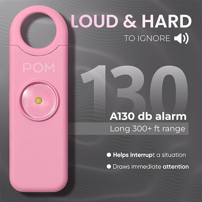 POM Personal Safety Alarm for Women – 130dB Loud Emergency Siren, USB-C Rechargeable with Bright LED Flashlight, Portable Keychain Design for Self Defense, Purse, Backpack & Travel (Pink)