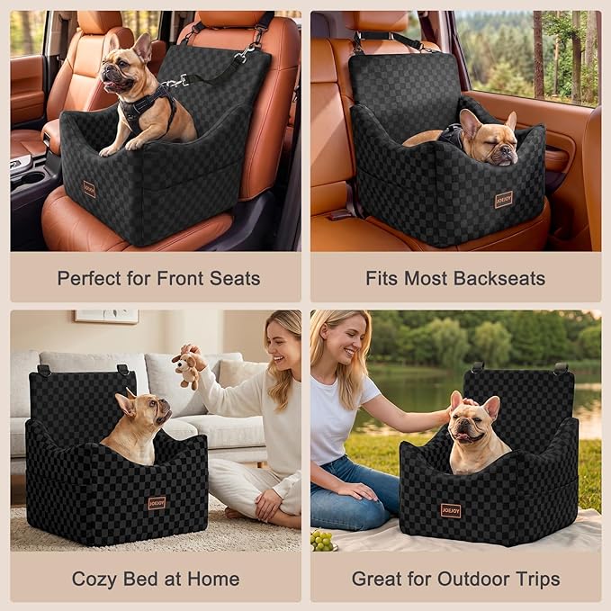 JOEJOY Elevated Dog Car Seat for Small/Medium Dogs up to 35 lbs, Memory Foam Booster Seat with Detachable Washable Cover, Travel-Safe Car Bed with Safety Belts & Storage Pockets, Black