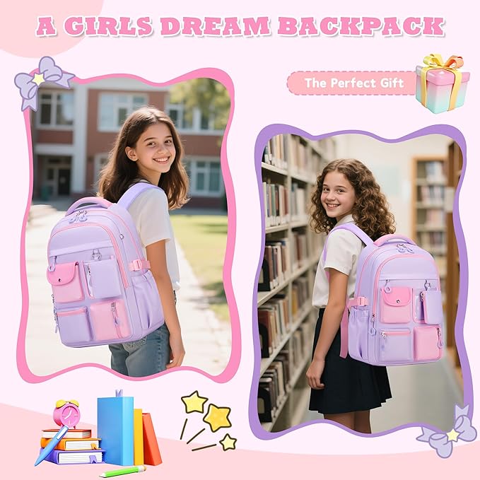 Kids Backpack, Backpack for Girls for Elementary School Multiple Pockets Ages 6-10(Purple)