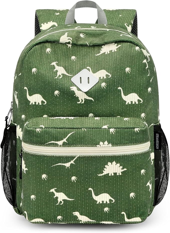 STEAMEDBUN Corduroy Kids Backpack for Boys Girls 3-8, Boys Backpack for Elementary Kindergarten - Dinosaur