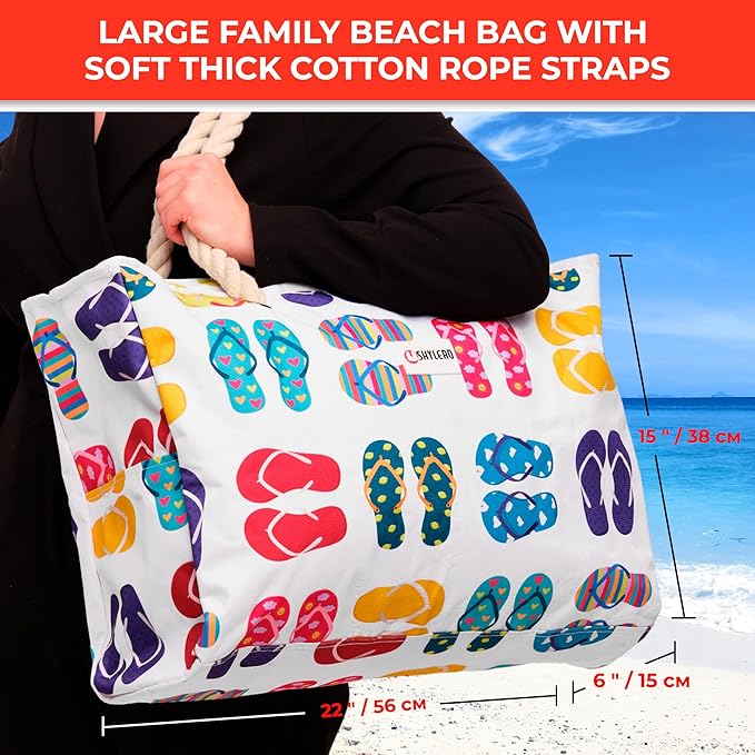 Beach Bag and Pool Bag Has Cooler Pocket, 7 Pockets Total, Zip Top. Family Size Waterproof Beach Tote