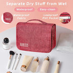 Toiletry Bag Travel Bag with Hanging Hook, Waterproof Capacity Hanging Multifunctional Makeup Bag for Toiletries, Portable Cosmetic Bag Travel Organizer for Women and Men (Red)