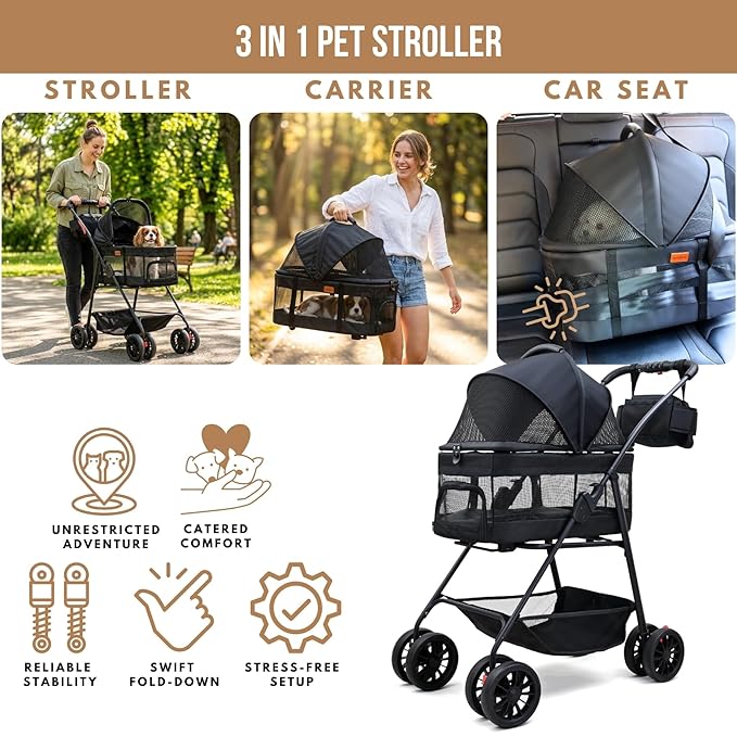 Bicystar Pet Stroller for Small Dogs Cats with Wheels, Detachable Carrier, Max Load 33 lbs, Easy Folding, Compact Portable, Dog Carriage Cart Car Seat 3 in 1
