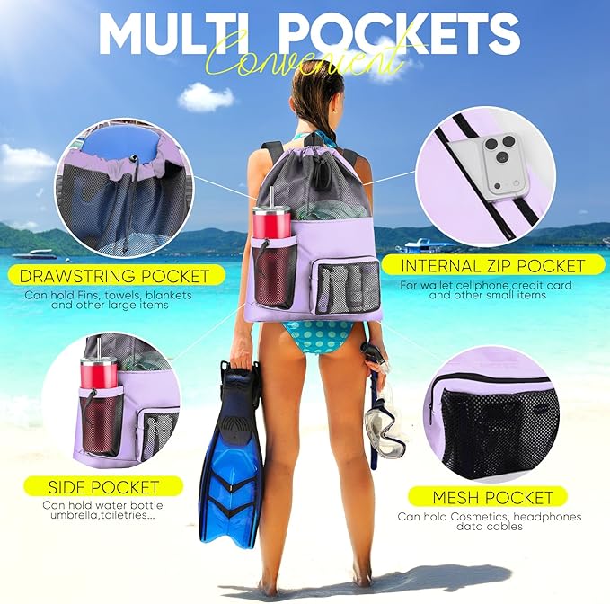 HOHOM Swim Mesh Beach Bag, Waterproof Gym Bags for Women and Men, Large Pool Bag Swimming Gear Drawstring Backpack