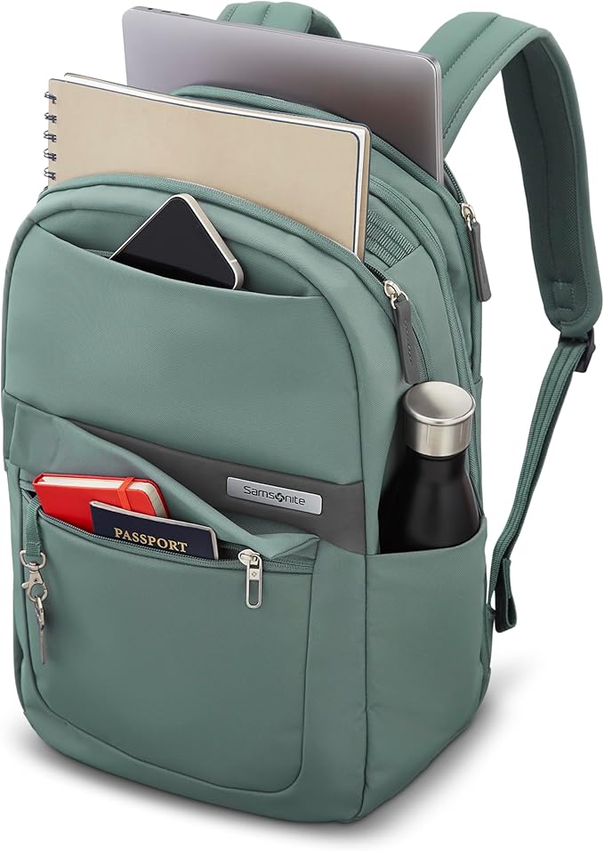 Samsonite Elevation Plus Backpack - Recyclex® RPET Body Fabric With Quick-Access Stash Pocket - Expands 1.5inches - AirTag™ Holder - Laptop Pouch - Cypress Green