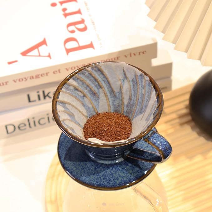 Ceramic Coffee Dripper includes 50 Filters 01 Pour Over Coffee Maker Porcelain V Hand Brewed Set Pottery Artisanal Drip Brew Barista Gift 1 Cup for Single People Travel Camping Office Home