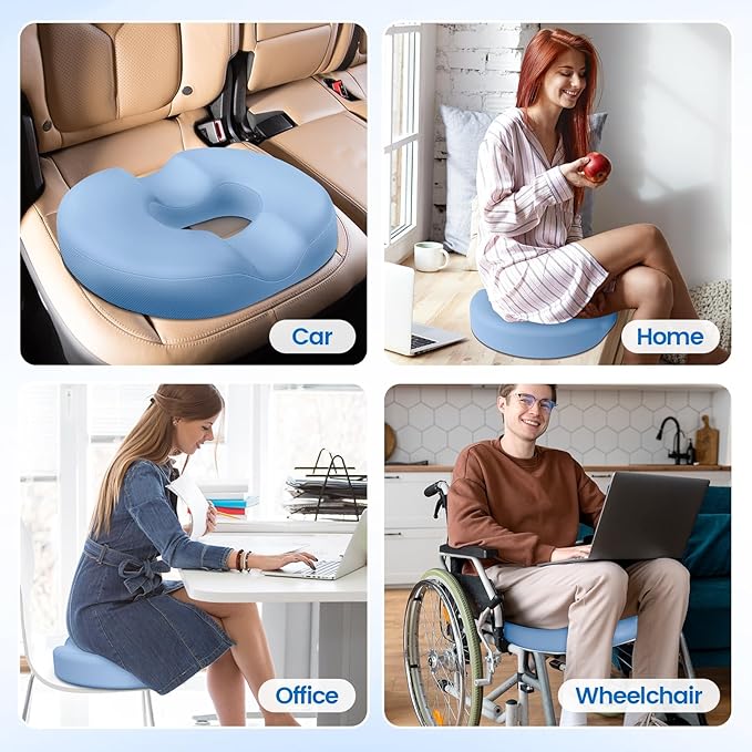 Donut Pillow Seat Cushion - Cooling Gel Donut Chair Cushions, Memory Foam Seat Cushion for Office & Home, Car Seat Cushion and Butt Pillow, Hemorrhoids Pillow and Tailbone Pain Relief, Light Blue