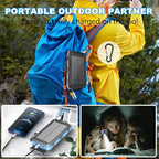 Power Bank Solar Charger 20,000mAh, Portable Phone Charger, 4 Cables Outdoor Waterproof External Backup Power Charger with USB-C for Cell Phones, Solar Battery Pack with Dual Flashlight for Camping