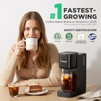 Tastyle Single Serve Coffee Maker Hot and Iced with Bold Brew, Small Coffee Machine for K Cup and Ground, Fits 7.3'' Travel Mug, Brews up to 16 Oz, 5 Cup Sizes, for Office, RV& Hotel, Elegant Black