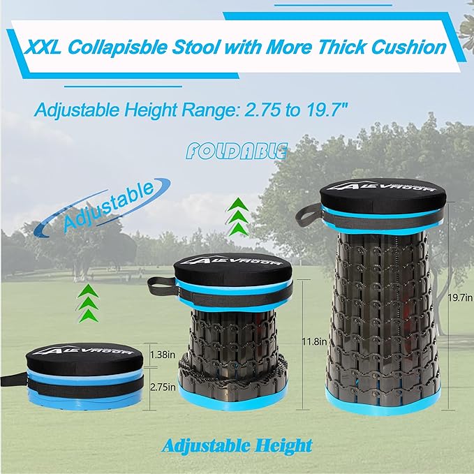 ALEVMOOM Upgraded XXL Collapsible Stool with Thick Cushion 19.7",1000lbs Max Weight,Wider & Taller Pop Up Seat, Heavy Duty Portable Retractable Folding Chair or Travel Foot Rest for Camping & Outdoors