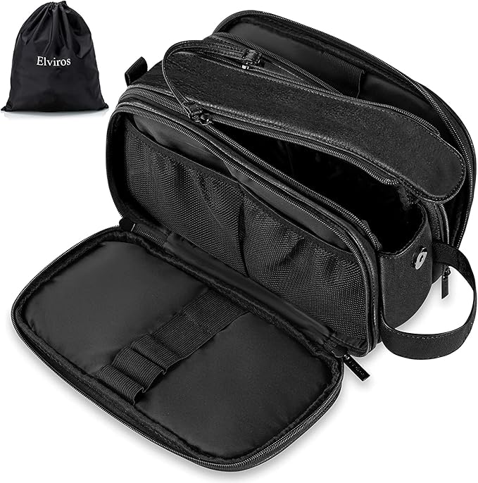 Elviros Travel Toiletry Bag for Men, Shaving Dopp Kit Water-resistant Bathroom Small Toiletries Organizer PU Leather Cosmetic Bags