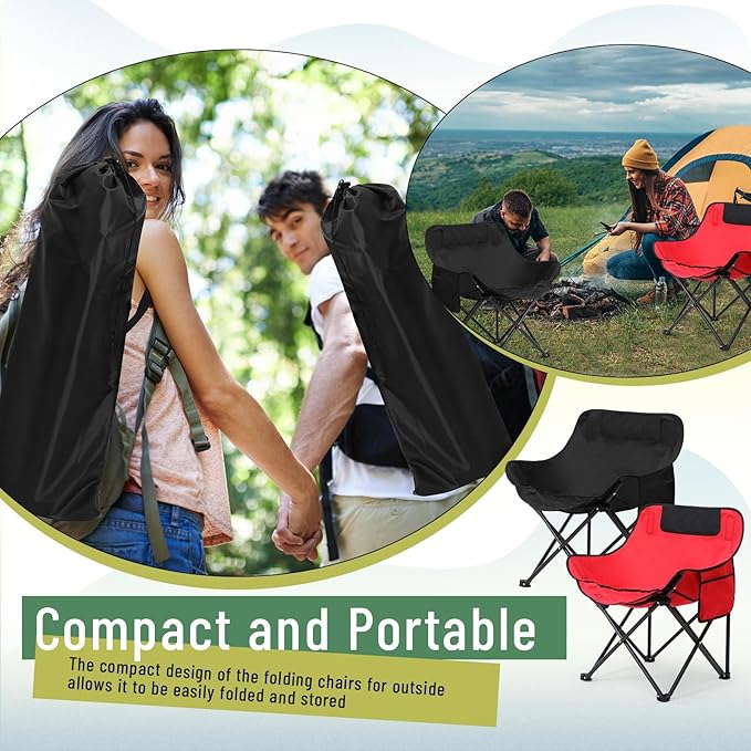 2 Pack Compact Camping Chairs Portable Folding for Outside with Carry Bag Lightweight Moon Chairs for Travel Picnic Hiking Beach Fishing, 600D Oxford, Supports 330lbs(Red, Black)