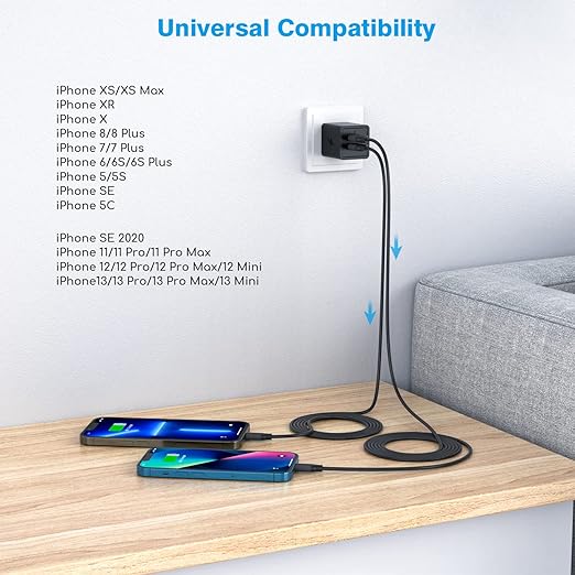 2 Pack iPhone Charger,iPhone 14 Wall Charger Cube Dual Port USB-A Adapter Block with 10FT USB A to Lightning Fast Charging Cable Cord for iPhone 14/13/12/11/Pro Max/Pro/Plus,8 Plus/7/6/XS/XR/X/SE,iPad