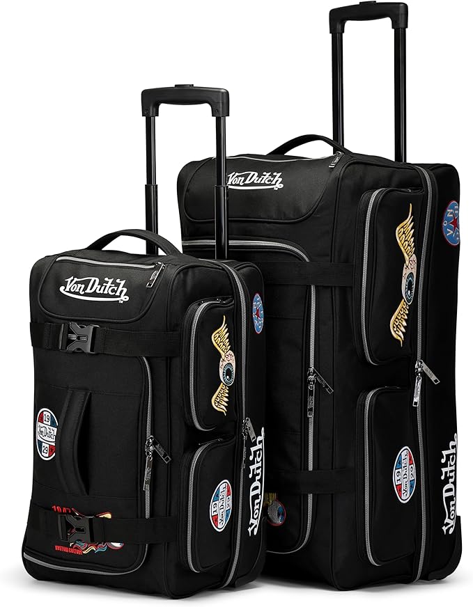 Von Dutch Signature Patch 2-Piece Rolling Duffel Set with Telescopic Trolley Handle and Inline Skate Wheels