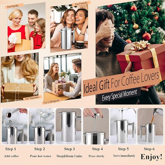 Stainless Steel French Press Coffee Maker - Portable Cafetiere 3 Cup Espresso Coffee Press - Double Wall Insulated, Triple Mesh Filter - Perfect for Home, Office, Camping & Travel (20 Oz)