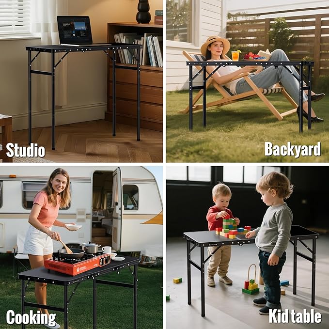 GARLLEN Folding Camping Table, 3 Adjustable Height Lightweight Folding Picnic Table, Aluminum Portable Foldable Outdoor Table for Grill, Camping, Grill, Threaded Install, 35.4" L x 15.7" W, Black