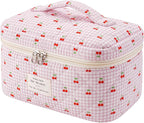 uekeboag Large Travel Quilted Makeup Bag for Women, Floral Cotton Cosmetic Bag, Coquette Aesthetic Floral Toiletry Organizer Bag