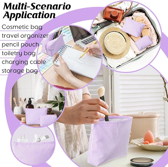 Huhumy 2 Pcs Makeup Bag Set Cute Cosmetic Pouch for Women Seersucker Travel Toiletry Bag Preppy Small Makeup Purse Pouch Aesthetic Skincare Brushes Storage Organizer for Valentine Women(Purple)