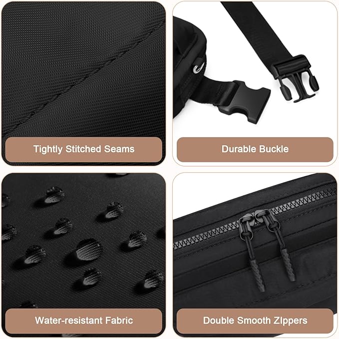 Fanny Packs for Women Men,Belt Bag with 3 Zipper Pockets,Water-resistant Crossbody Bag,Fashion Waist Packs with Adjustable Long Strap for Workout/Running/Yoga/Shopping/Hiking,Black