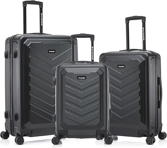 US ARMY FOX 3 Pcs Set Hardshell Luggage with Spinner Wheels | 20, 24, 28 inch Lightweight Travel Suitcase, Chevron Icon, Gel Handle, Retractable Trolley, Side Studs | Black