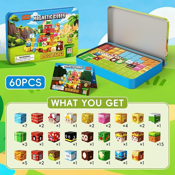 60PCS Mini Magnetic Building Cubes Set, Adventure-themed Magnetic Blocks, Portable Magnetic Travel Blocks with Iron Case, Educational Toy for Kids STEM & Construction Learning for Kids Aged 3+