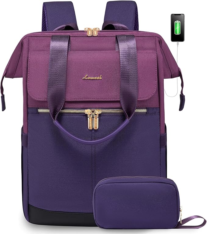 LOVEVOOK Laptop Backpack for Women, 17.7 Inch Work Laptop Bag with USB Port, Fashion Teacher Nurse Backpack Purse, Waterproof Travel Computer Backpack with Organizer Bag, 2pcs, Blue-Purple
