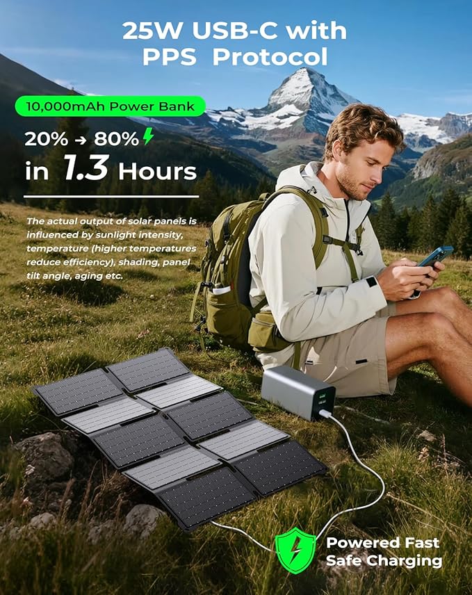 BigBlue Portable 35W Solar Panel Charger with Fast Charging USB-A and PD 25W USB-C for Camping Backpacking, 1.54 lbs, IP68 Waterproof, Folding Solar Phone Charger for iPhone/Android, iPad, Power Bank