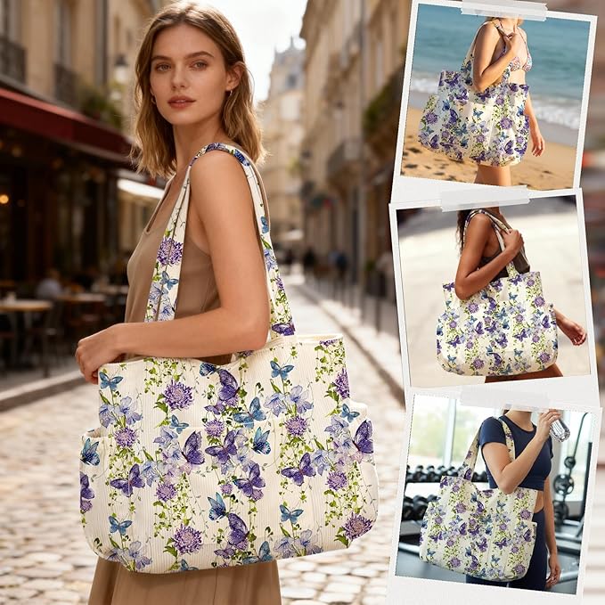 Corduroy Tote Bag for Women,Large Capacity Cute Tote Bags With 6 Pockets,Crossbody Shoulder Handbag for Work Travel Gym